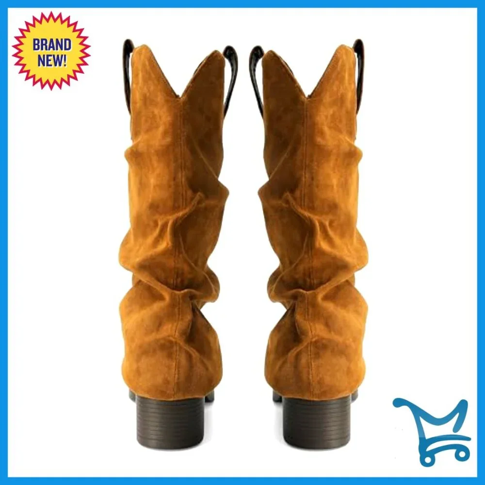 Faux Suede Fold Over Boots Square Toe Chunky Heel Mid Calf Western - Picture 6 of 7